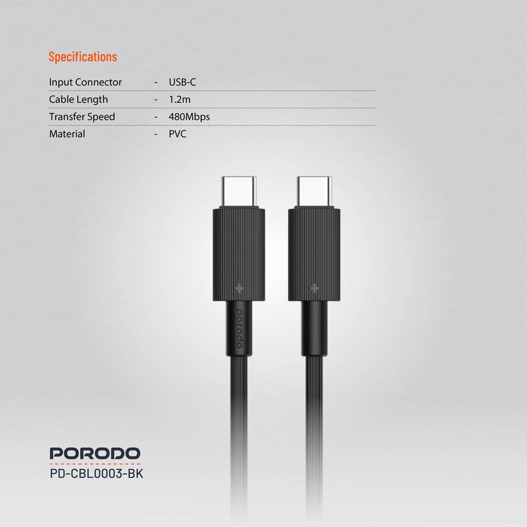 Porodo USB-C to USB-C Durable Charging Cable – Black