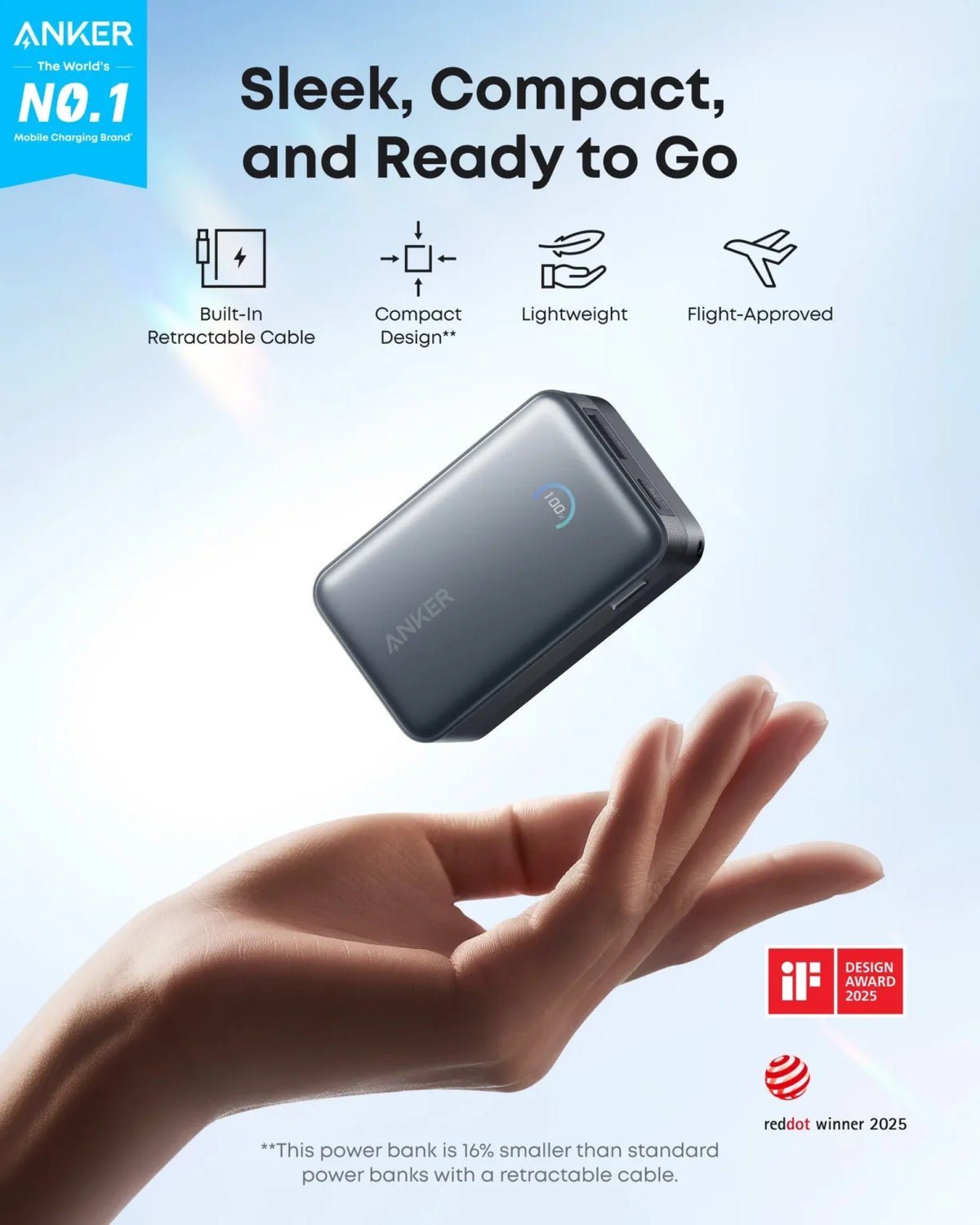 Anker Nano Power Bank (10K, 45W, Built-In Retractable USB-C Cable) – Black
