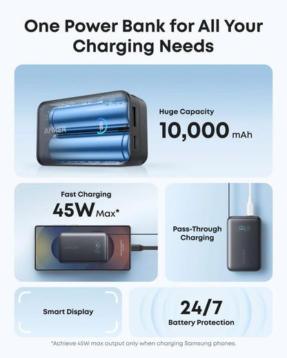 Anker Nano Power Bank (10K, 45W, Built-In Retractable USB-C Cable) – Black
