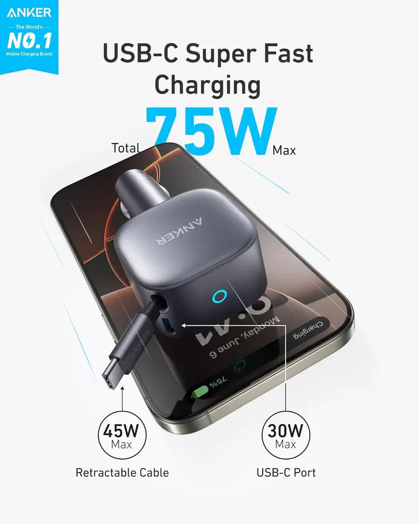 ANKER 75W USB-C CAR CHARGER WITH BUILT-IN RETRACTABLE USB-C CABLE GRAY A2738HA2