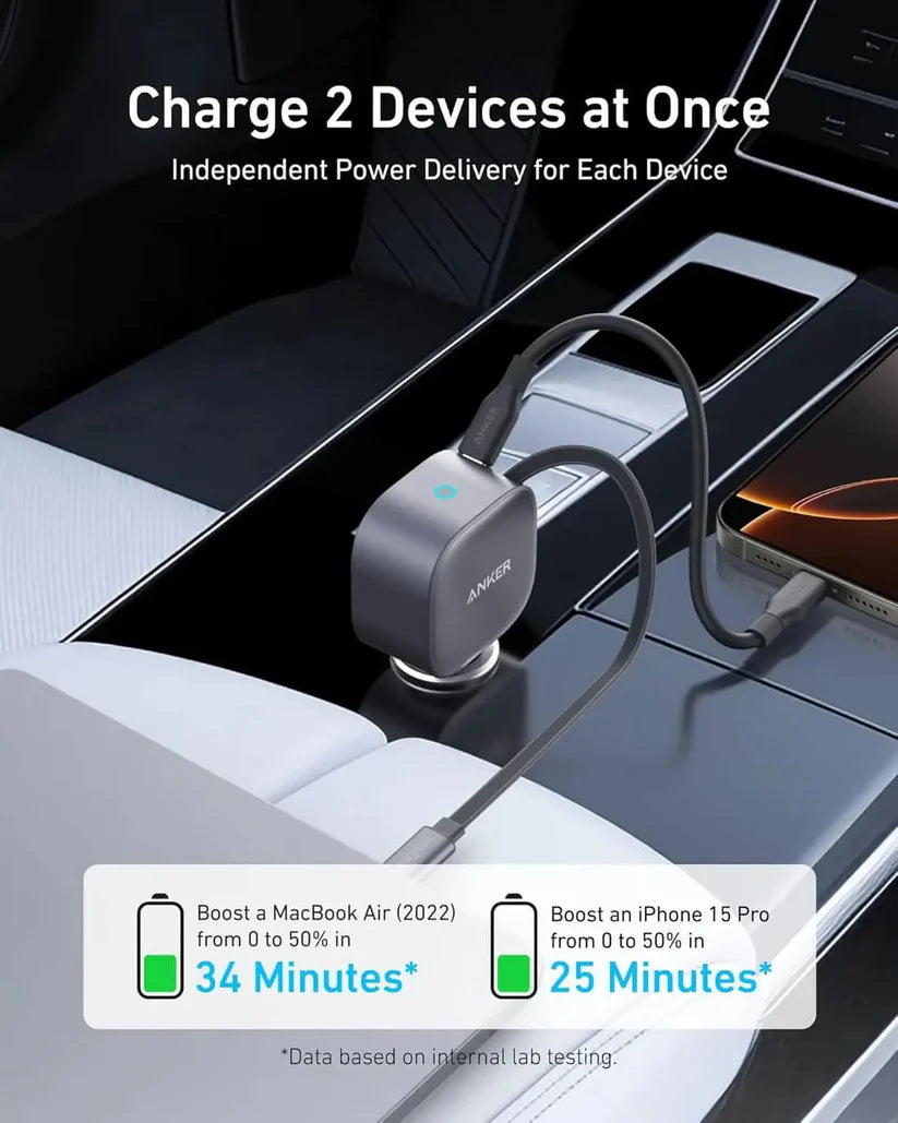 ANKER 75W USB-C CAR CHARGER WITH BUILT-IN RETRACTABLE USB-C CABLE GRAY A2738HA2
