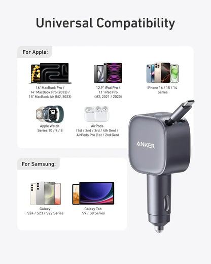 ANKER 75W USB-C CAR CHARGER WITH BUILT-IN RETRACTABLE USB-C CABLE GRAY A2738HA2