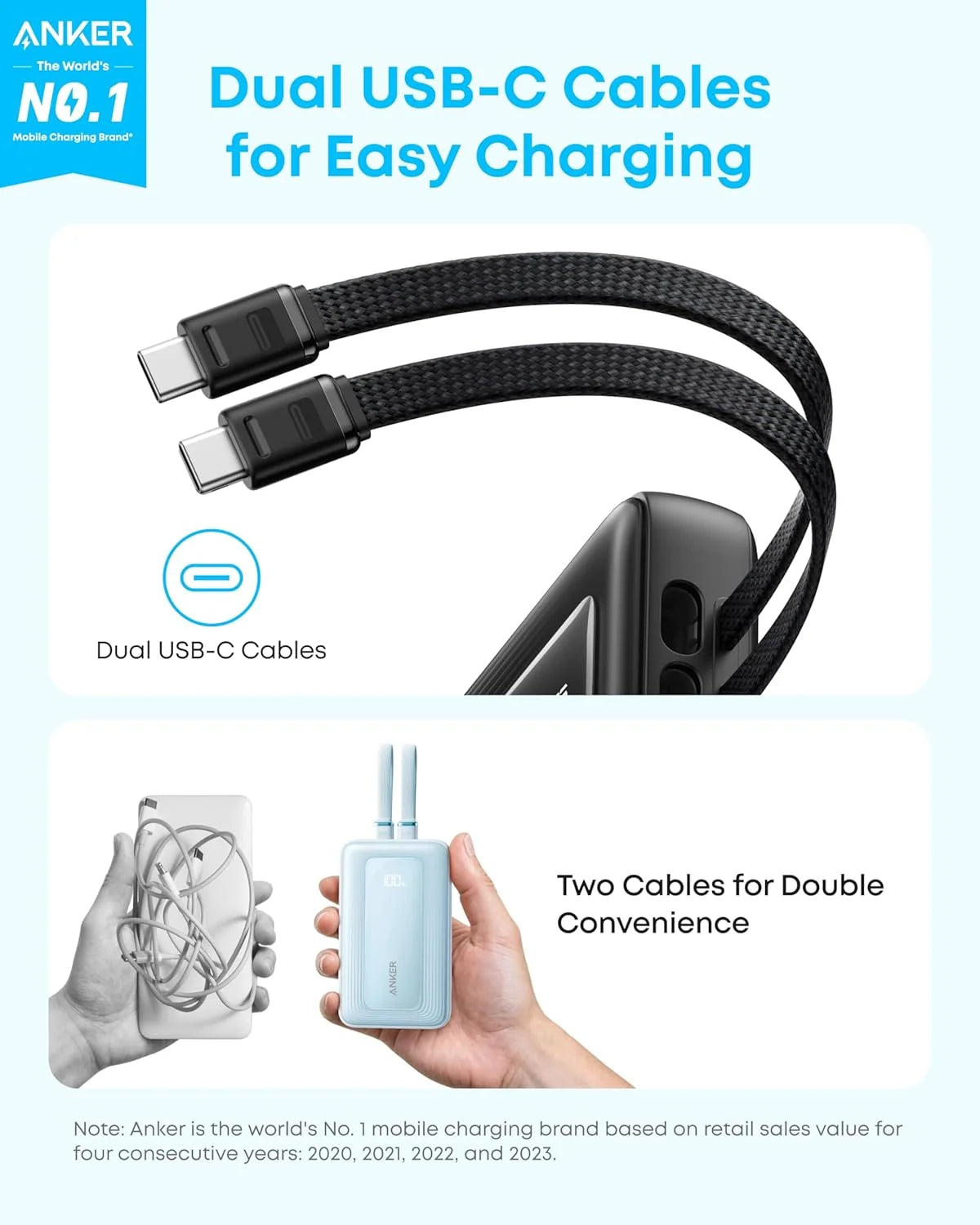 Anker Zolo Power Bank (10K, 35W, Built-In Dual USB-C Cables)-Black