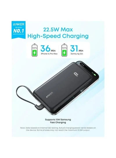 Anker Zolo Power Bank (10K, 22.5W, Built-In USB-C Cable) - Black