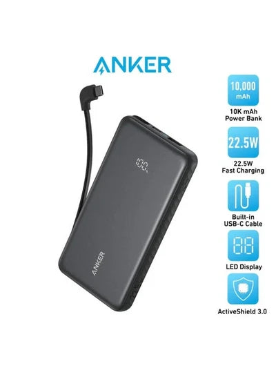 Anker Zolo Power Bank (10K, 22.5W, Built-In USB-C Cable) - Black