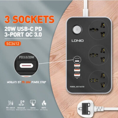 LDNIO 3 Power Socket & 3.0 USB with 20W (SC3412)