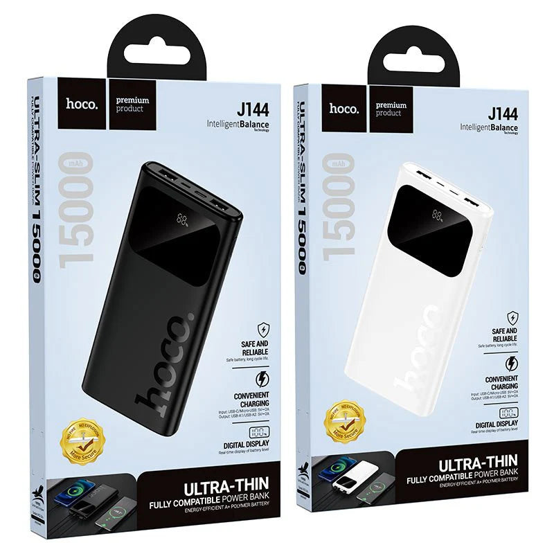 Hoco J144 15000mAh Ultra-Thin Dual USB Power Bank with Digital Display